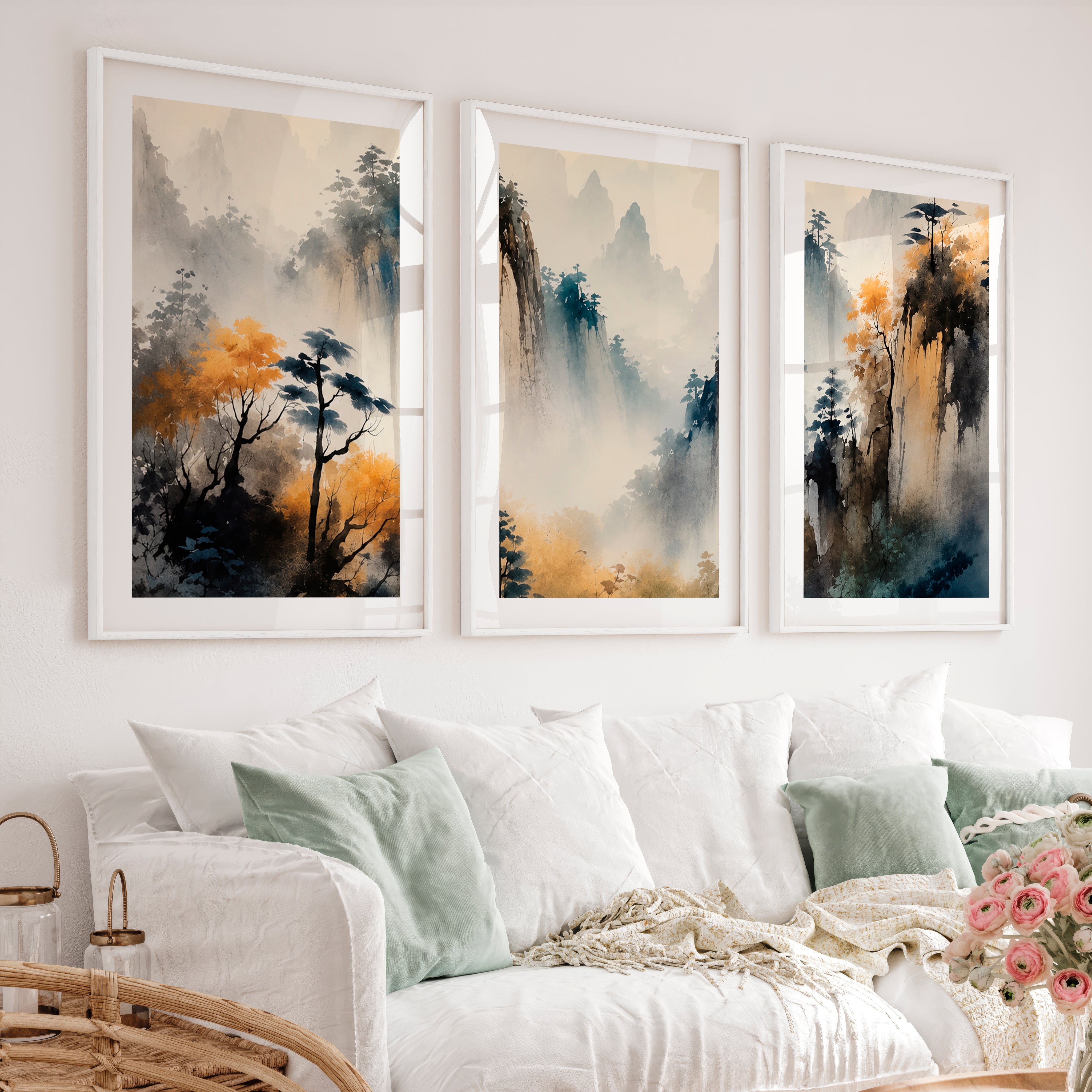 Elegant Japanese Style Wall Art Featuring Cranes and Full Moon - White Framed Poster with White Border - Artworksets