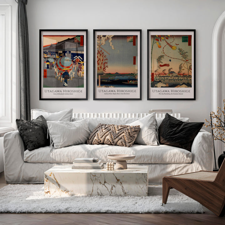 Hiroshige Festival Street Japanese Style Wall Art - Black Framed Poster No Border - Artworksets