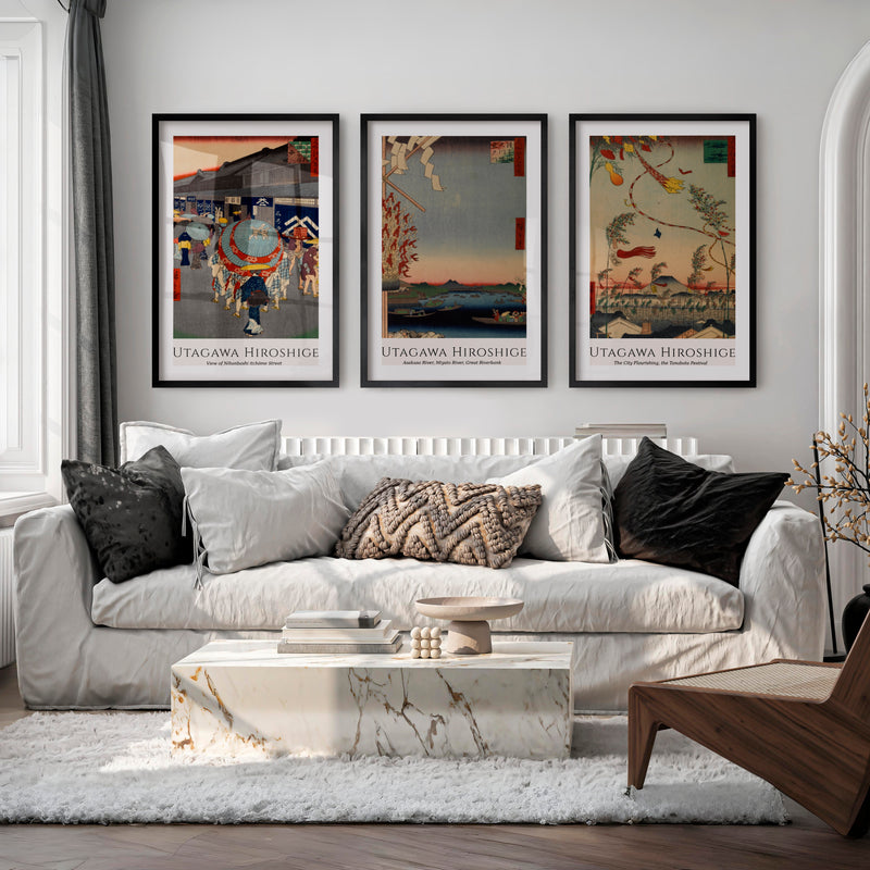 Hiroshige Festival Street Japanese Style Wall Art - Black Framed Poster with White Border - Artworksets