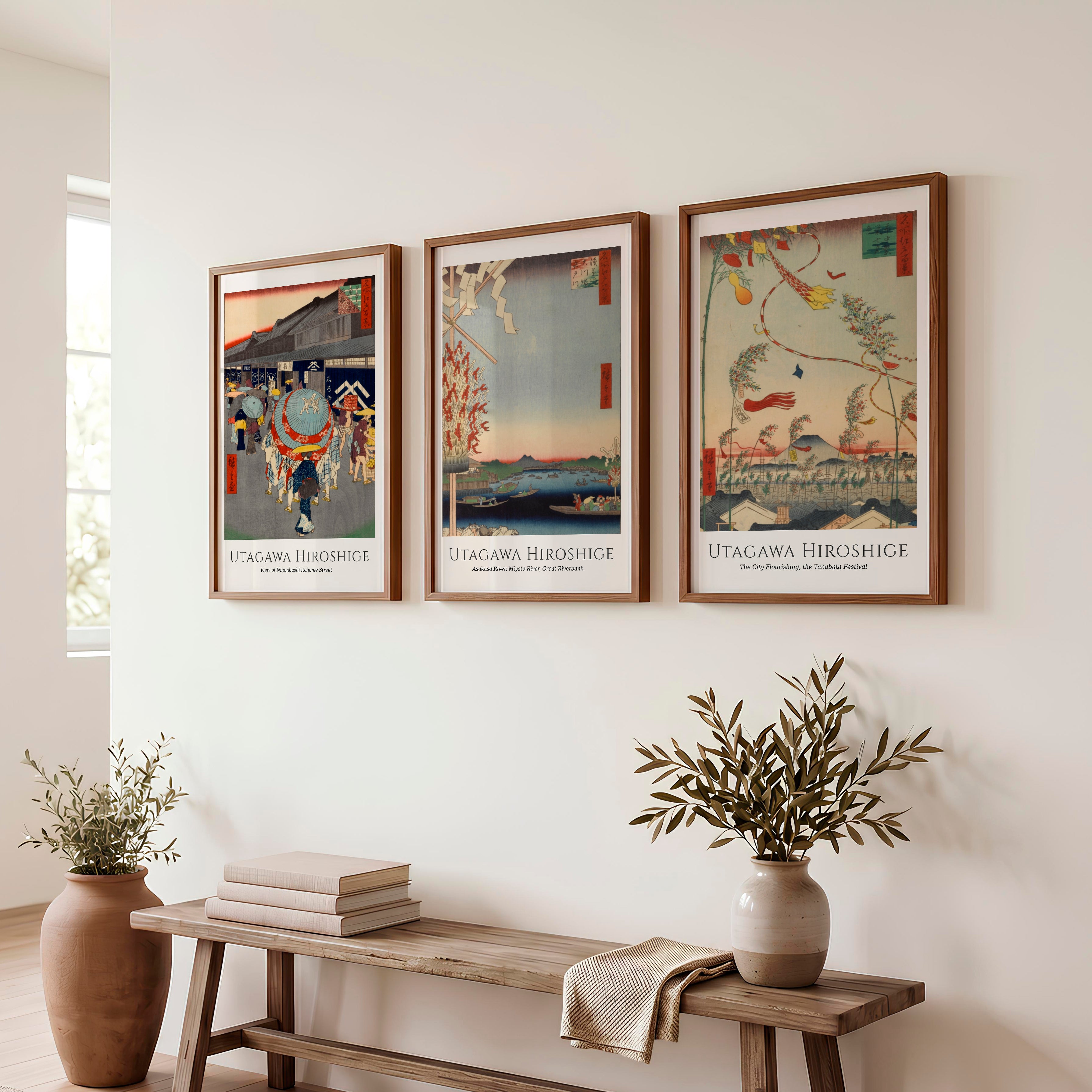 Hiroshige Festival Street Japanese Style Wall Art - Dark Brown Framed Poster No Border - Artworksets