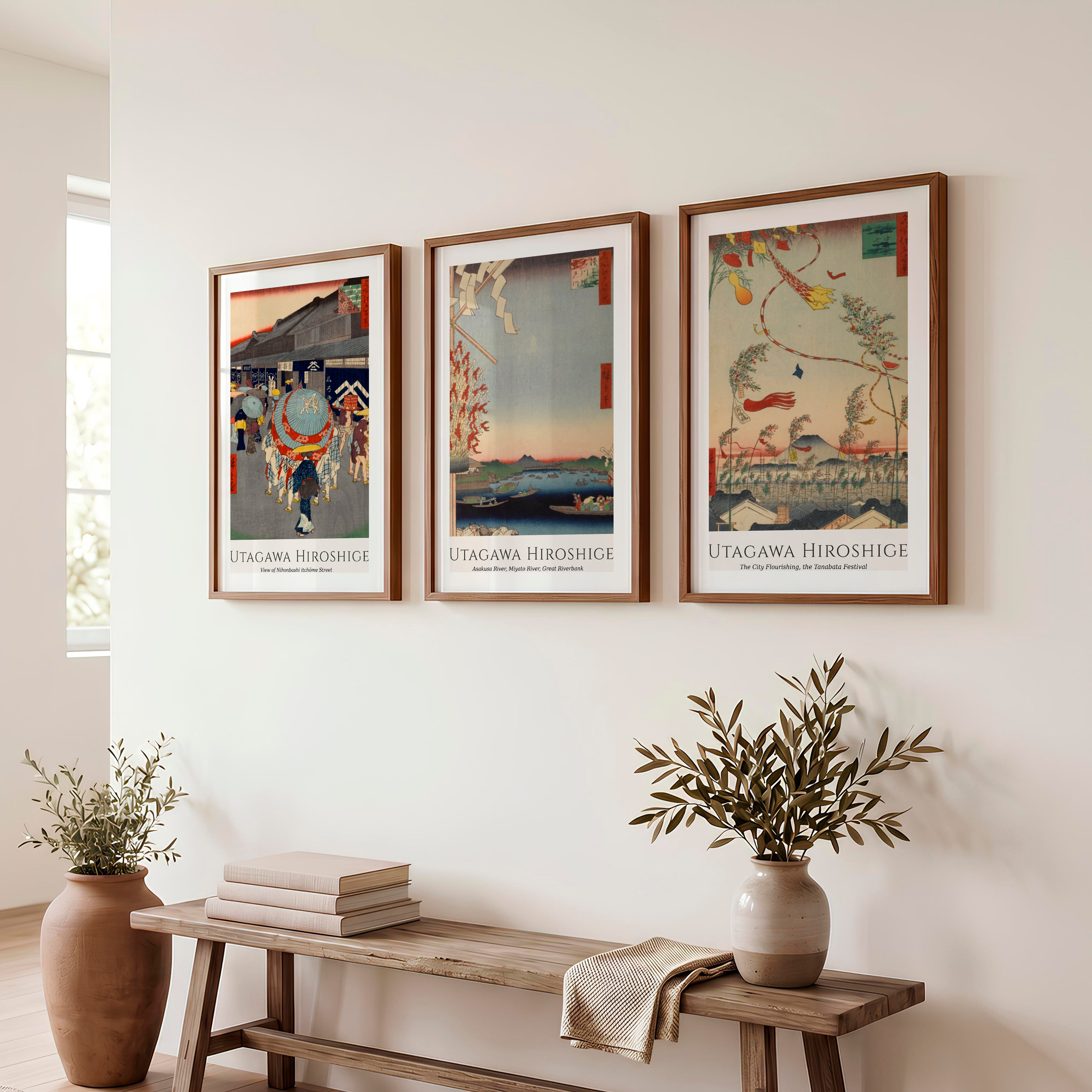 Hiroshige Festival Street Japanese Style Wall Art - Dark Brown Framed Poster with White Border - Artworksets