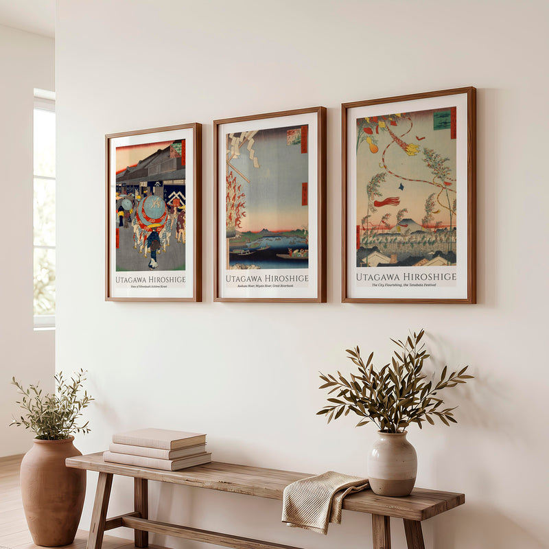 Hiroshige Festival Street Japanese Style Wall Art - Dark Brown Framed Poster with White Border - Artworksets