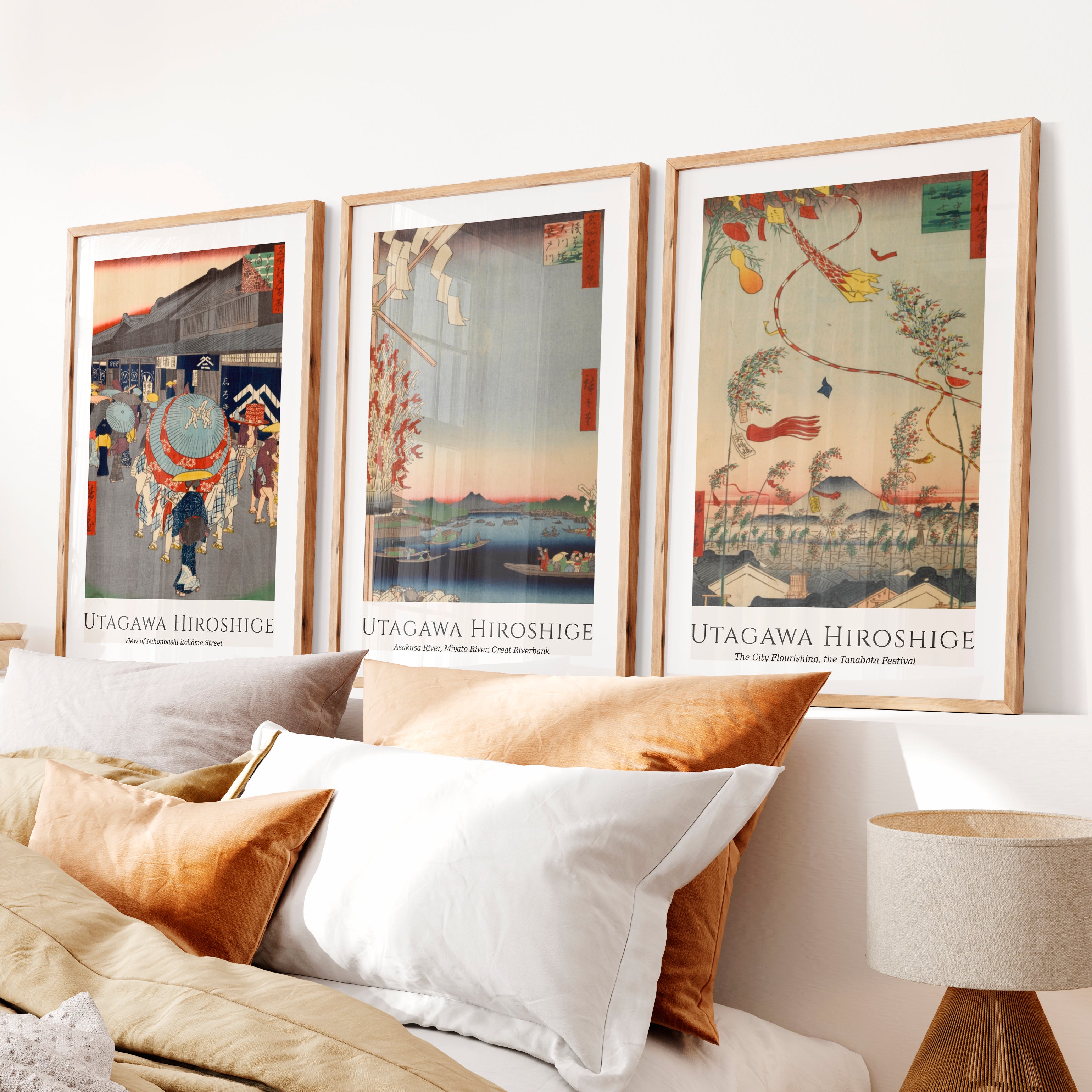 Hiroshige Festival Street Japanese Style Wall Art- Natural Wood Framed Poster with White Border - Artworksets