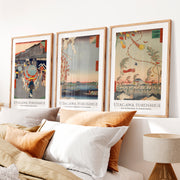 Hiroshige Festival Street Japanese Style Wall Art- Natural Wood Framed Poster with White Border - Artworksets