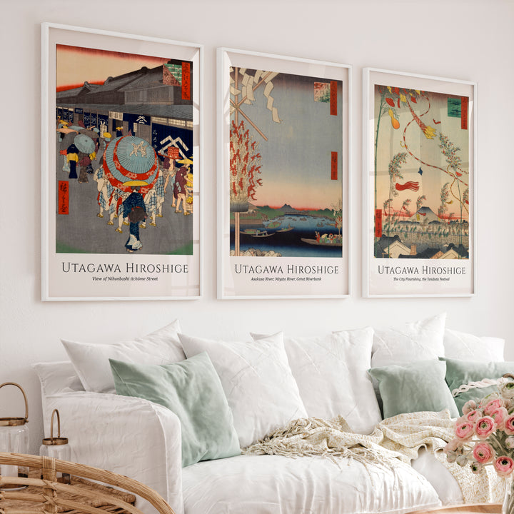 Hiroshige Festival Street Japanese Style Wall Art - White Framed Poster No Border - Artworksets