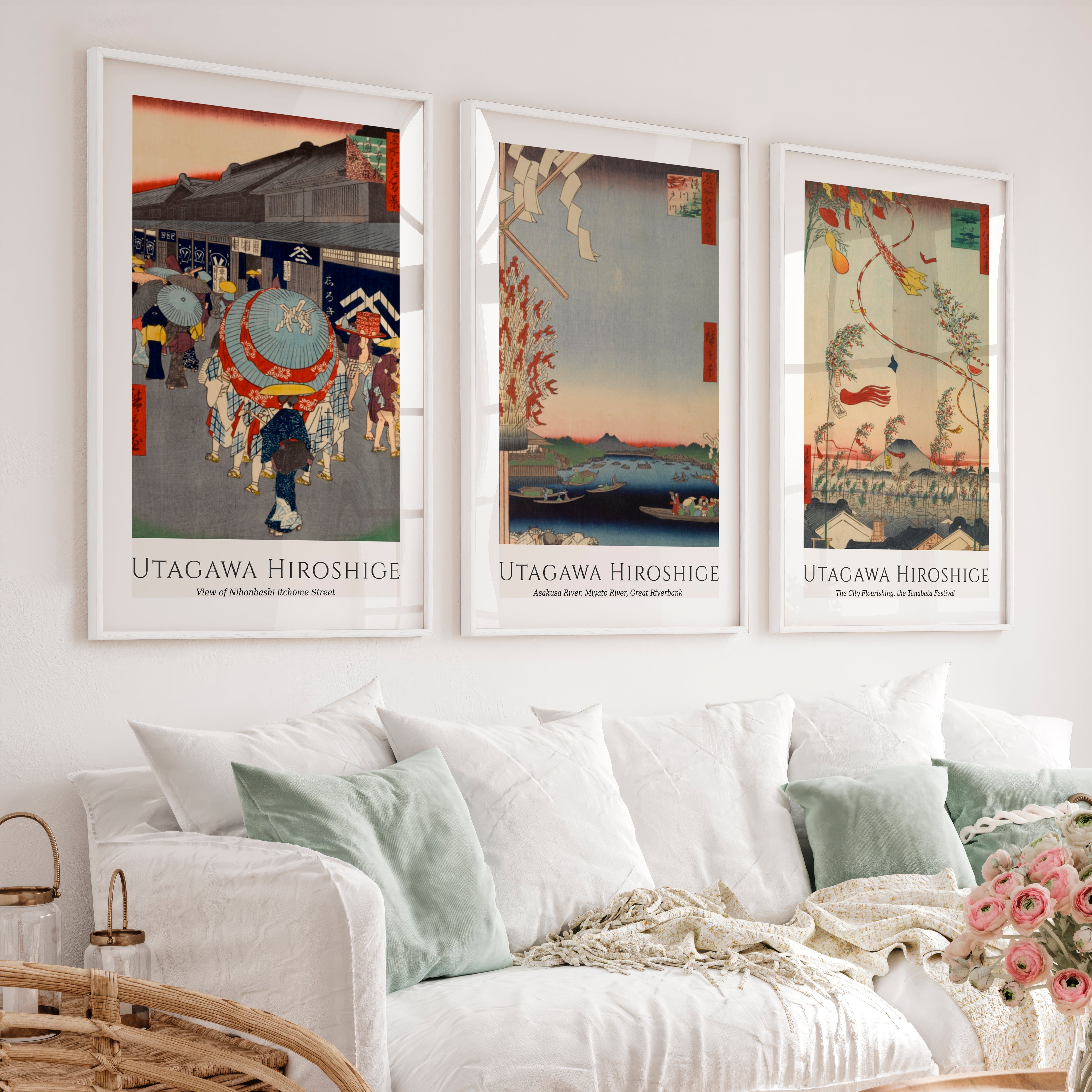 Hiroshige Festival Street Japanese Style Wall Art - White Framed Poster with White Border - Artworksets