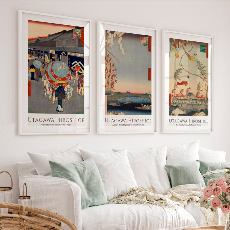 Hiroshige Festival Street Japanese Style Wall Art - White Framed Poster with White Border - Artworksets