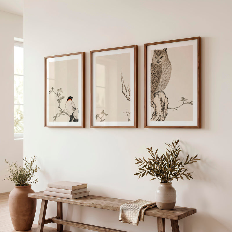Contemporary Japanese Style Wall Art with Abstract Tree Rings - Dark Brown Framed Poster with White Border - Artworksets