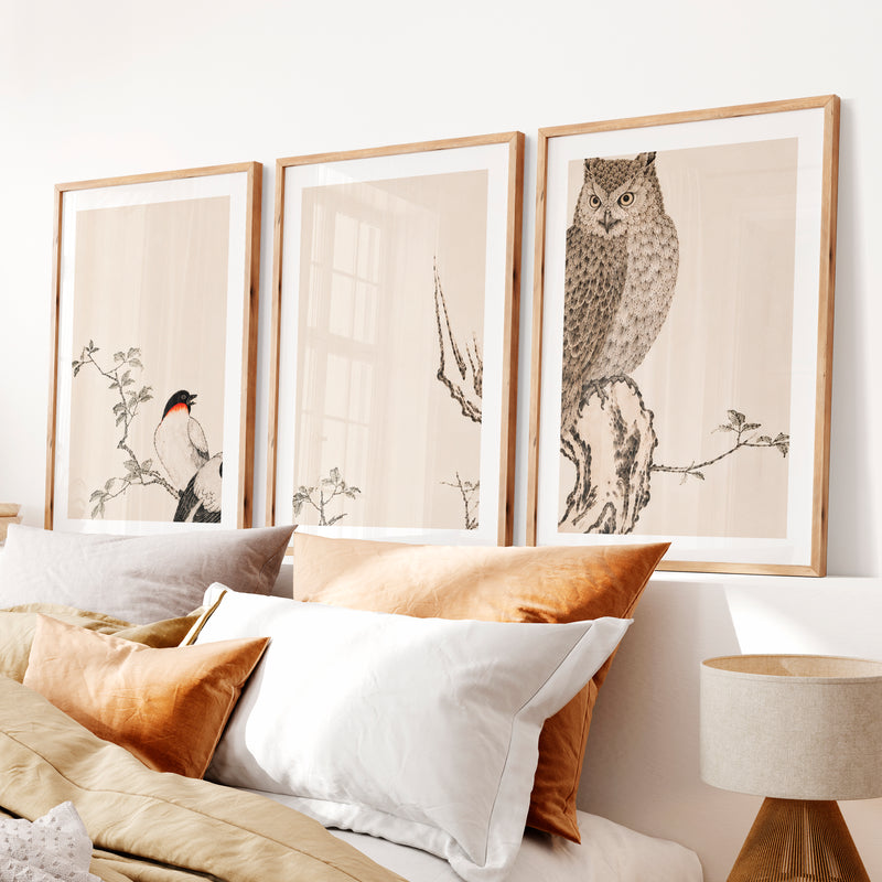 Contemporary Japanese Style Wall Art with Abstract Tree Rings- Natural Wood Framed Poster with White Border - Artworksets