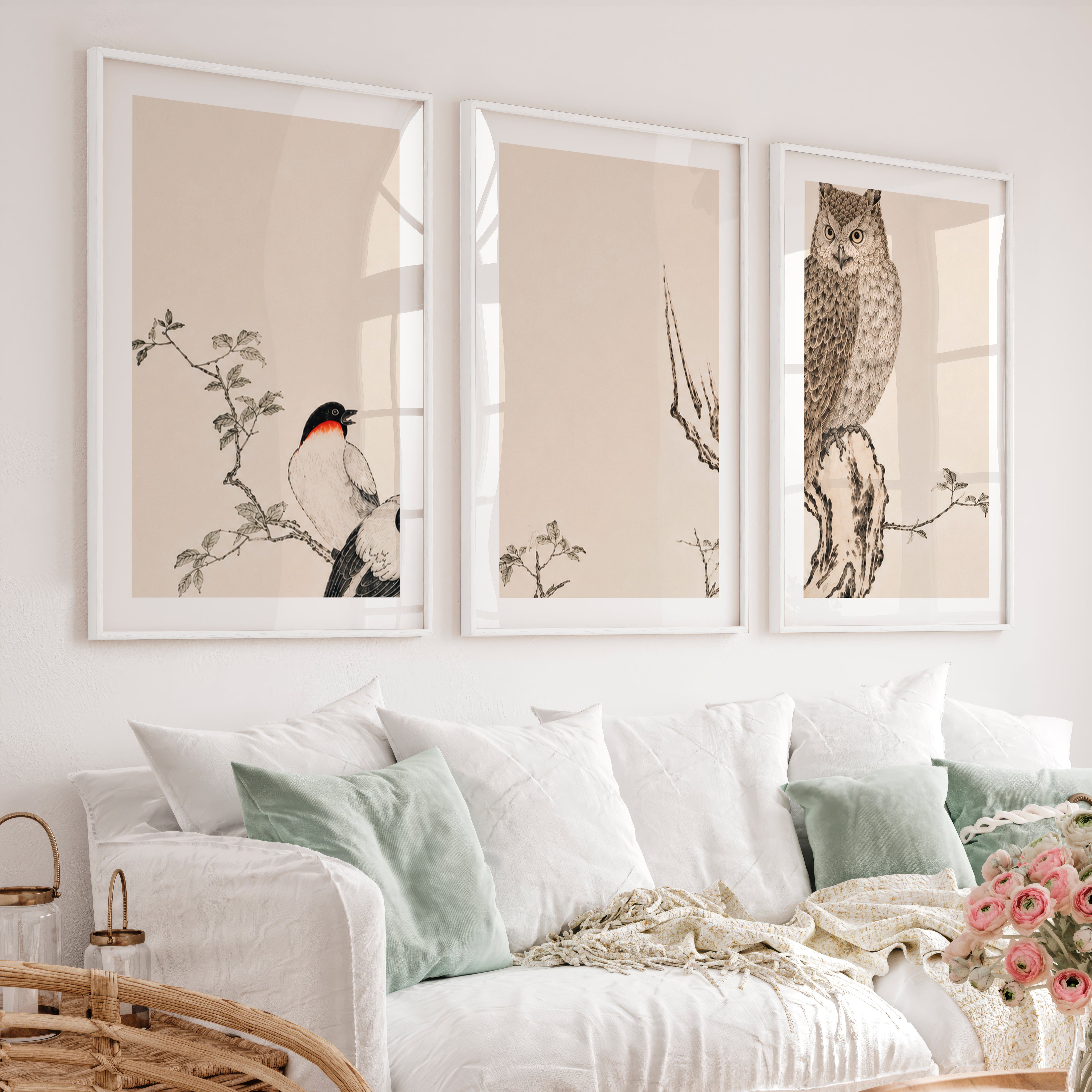 Contemporary Japanese Style Wall Art with Abstract Tree Rings - White Framed Poster with White Border - Artworksets