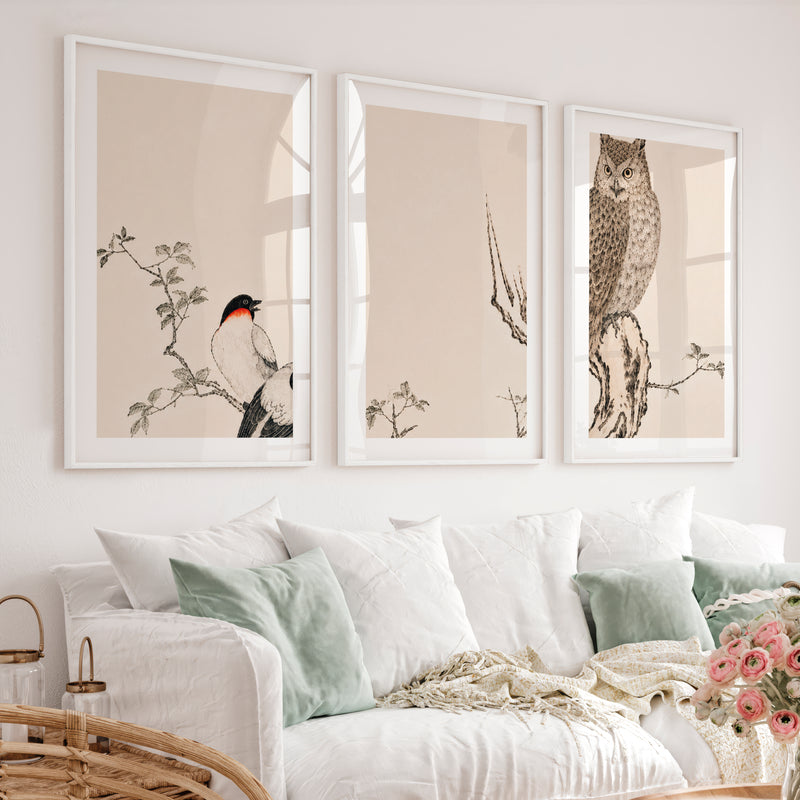 Contemporary Japanese Style Wall Art with Abstract Tree Rings - White Framed Poster with White Border - Artworksets