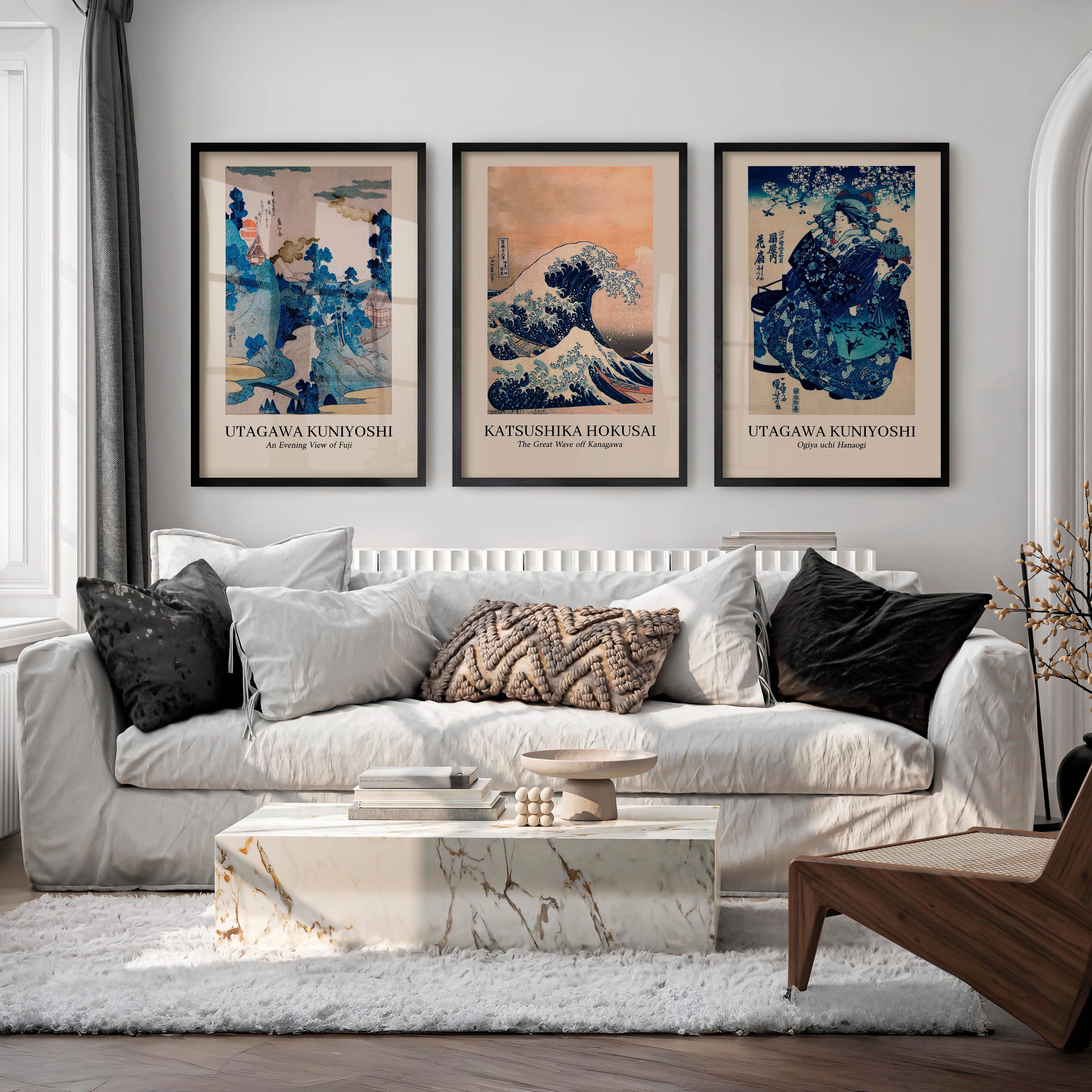 Vintage japanese style wall Set with Wave and Fuji Prints - Black Framed Poster No Border - Artworksets