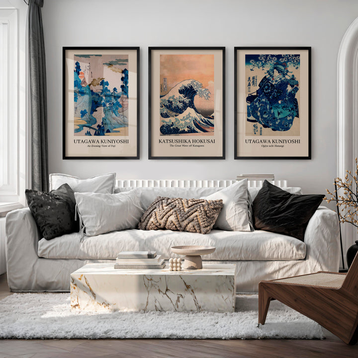 Vintage japanese style wall Set with Wave and Fuji Prints - Black Framed Poster No Border - Artworksets