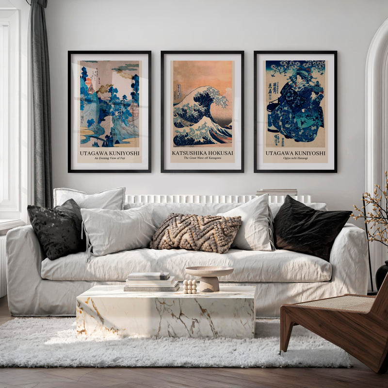 Vintage japanese style wall Set with Wave and Fuji Prints - Black Framed Poster with White Border - Artworksets
