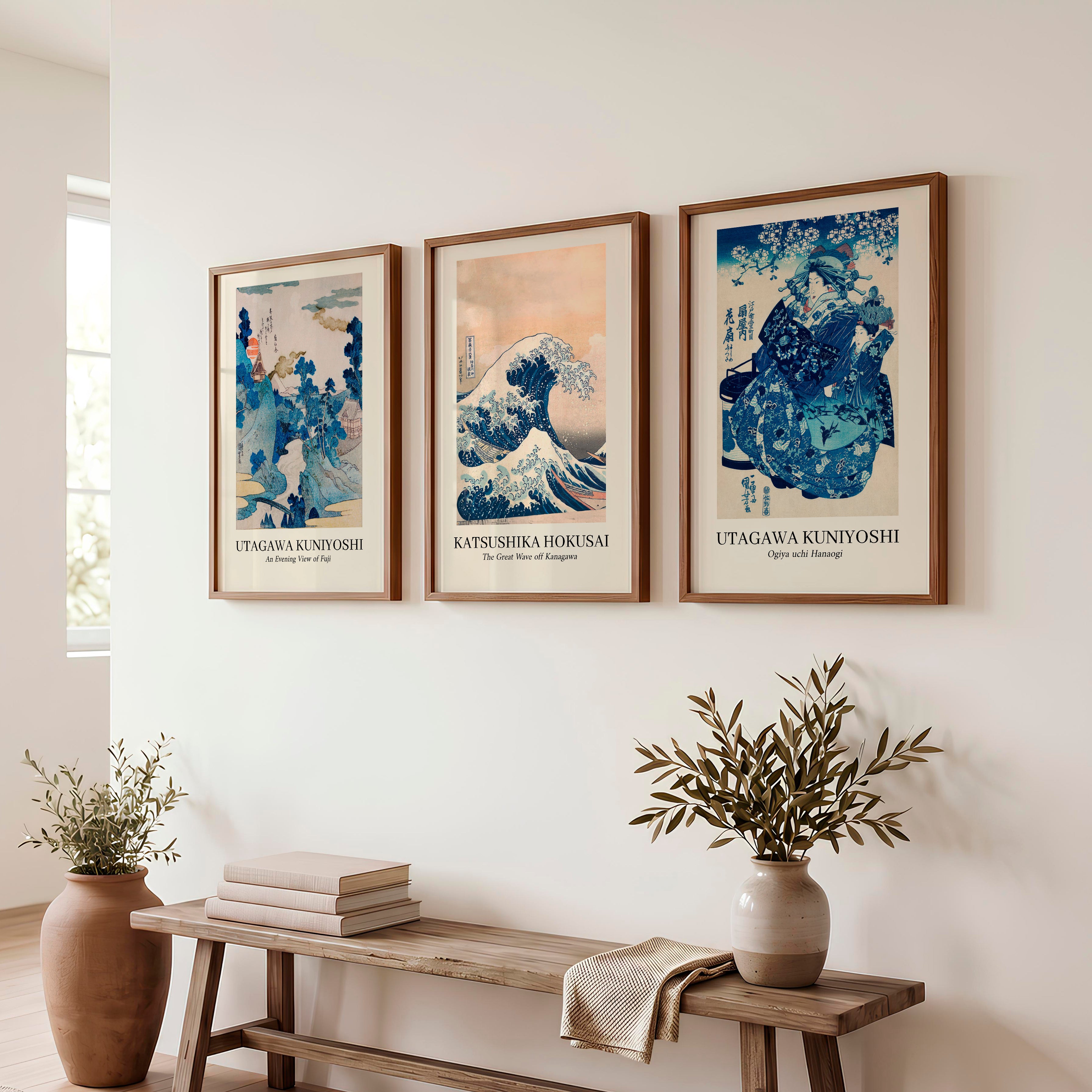 Vintage japanese style wall Set with Wave and Fuji Prints - Dark Brown Framed Poster No Border - Artworksets