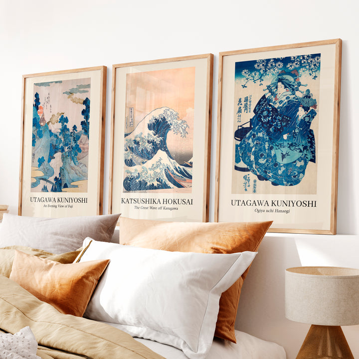 Vintage japanese style wall Set with Wave and Fuji Prints - Natural Wood Framed Poster No Border - Artworksets