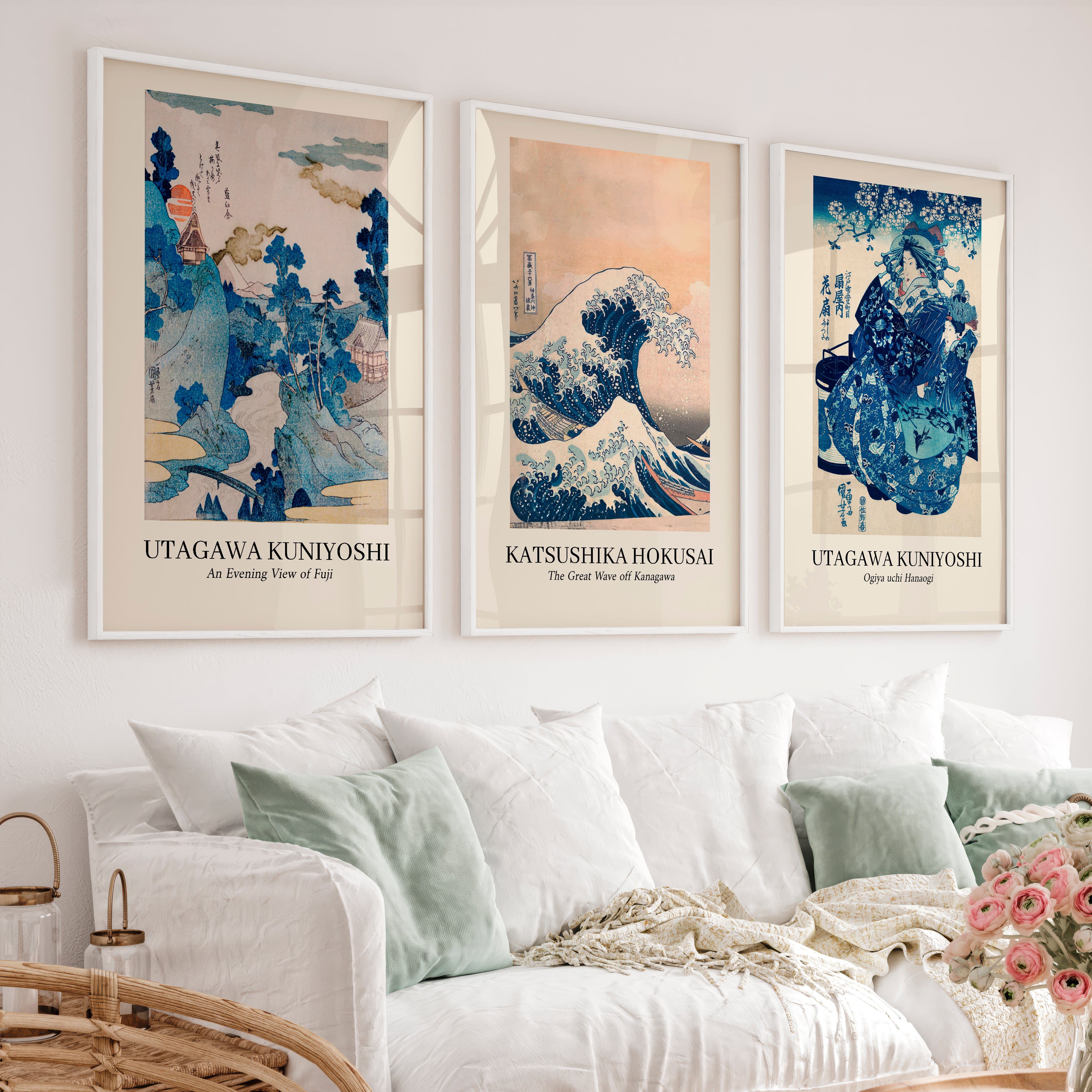 Vintage japanese style wall Set with Wave and Fuji Prints - White Framed Poster No Border - Artworksets