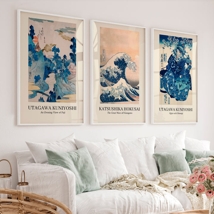 Vintage japanese style wall Set with Wave and Fuji Prints - White Framed Poster No Border - Artworksets