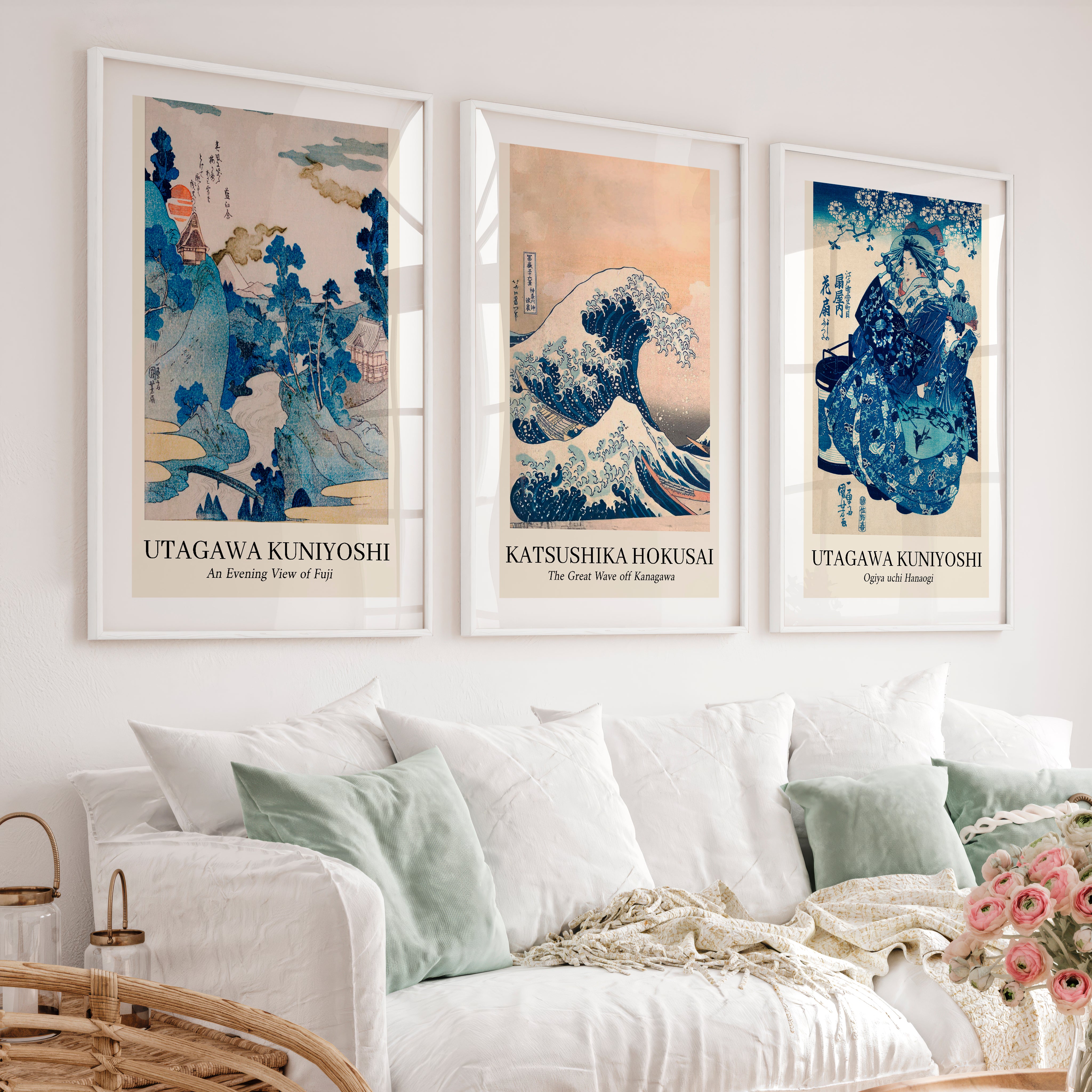 Vintage japanese style wall Set with Wave and Fuji Prints - White Framed Poster with White Border - Artworksets