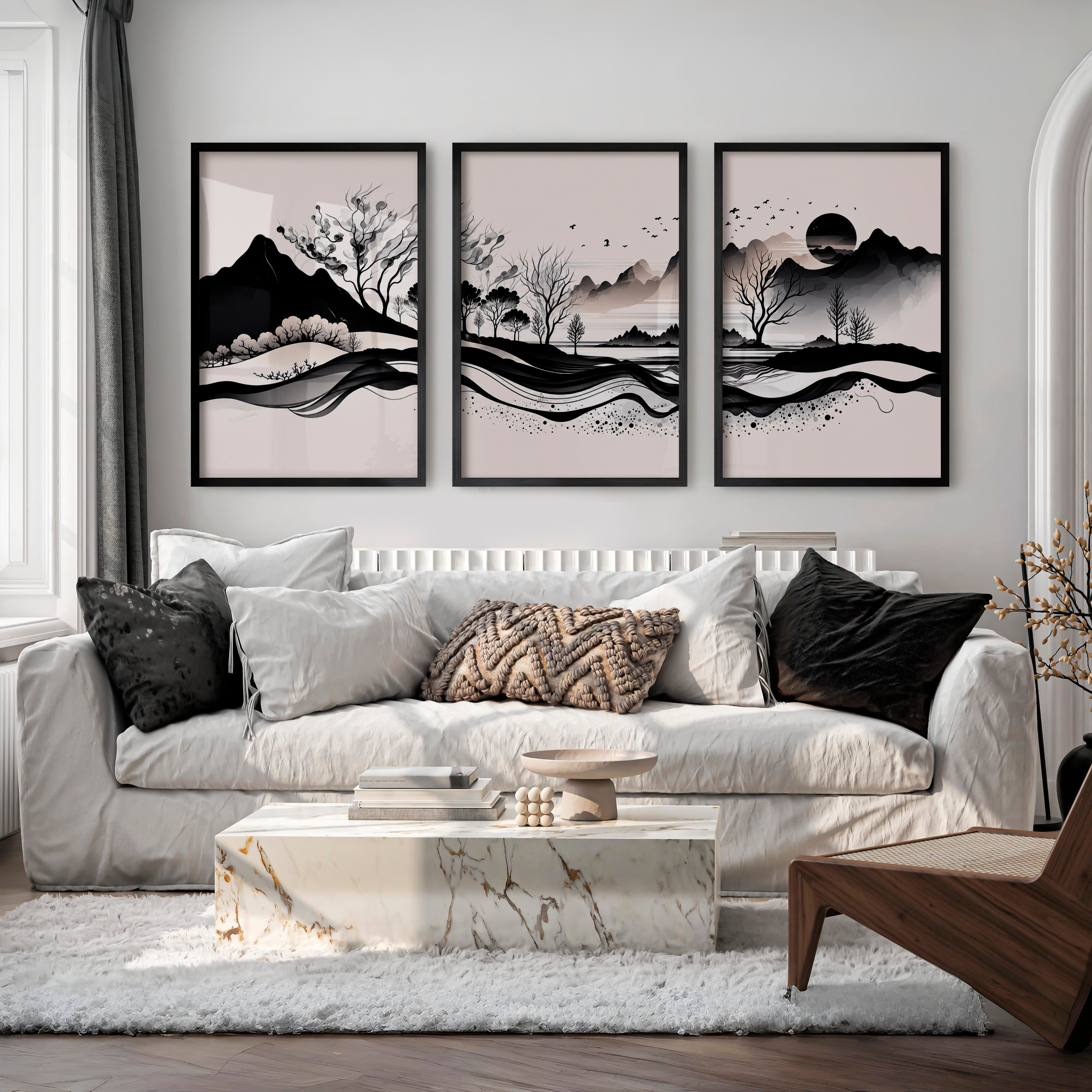 Japanese Sun Art with Bamboo and Pine Trees - Black Framed Poster No Border - Artworksets