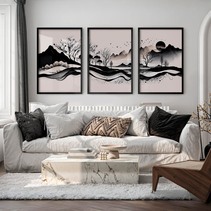 Japanese Sun Art with Bamboo and Pine Trees - Black Framed Poster No Border - Artworksets