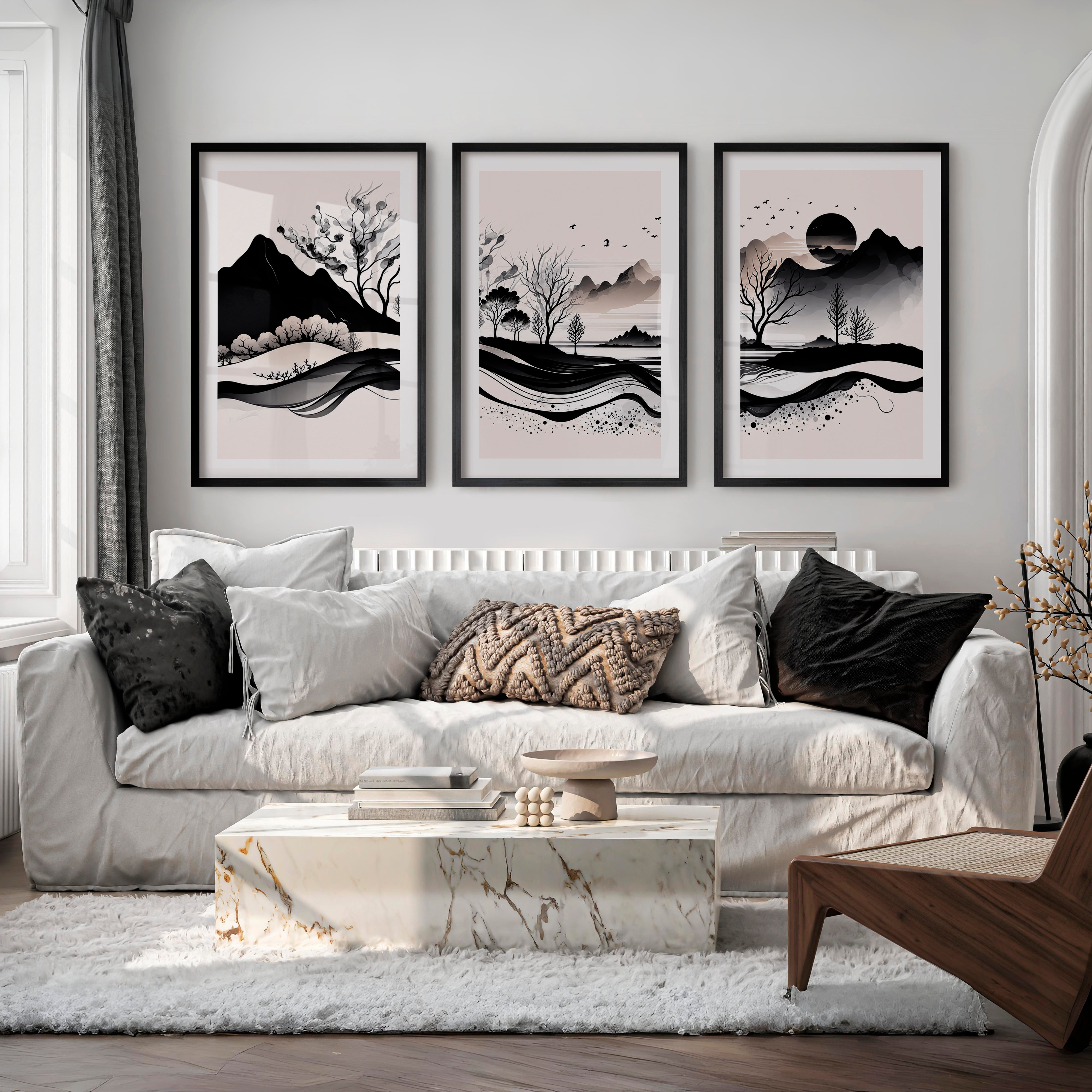 Japanese Sun Art with Bamboo and Pine Trees - Black Framed Poster with White Border - Artworksets