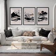 Japanese Sun Art with Bamboo and Pine Trees - Black Framed Poster with White Border - Artworksets
