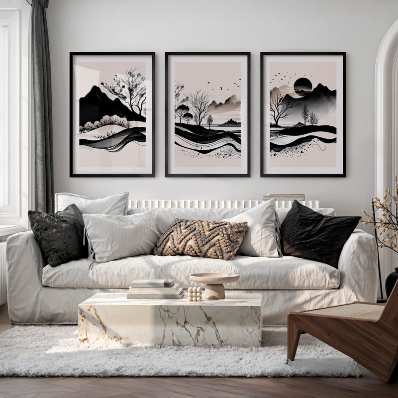 Japanese Sun Art with Bamboo and Pine Trees - Black Framed Poster with White Border - Artworksets