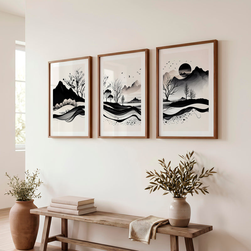 Japanese Sun Art with Bamboo and Pine Trees - Dark Brown Framed Poster with White Border - Artworksets