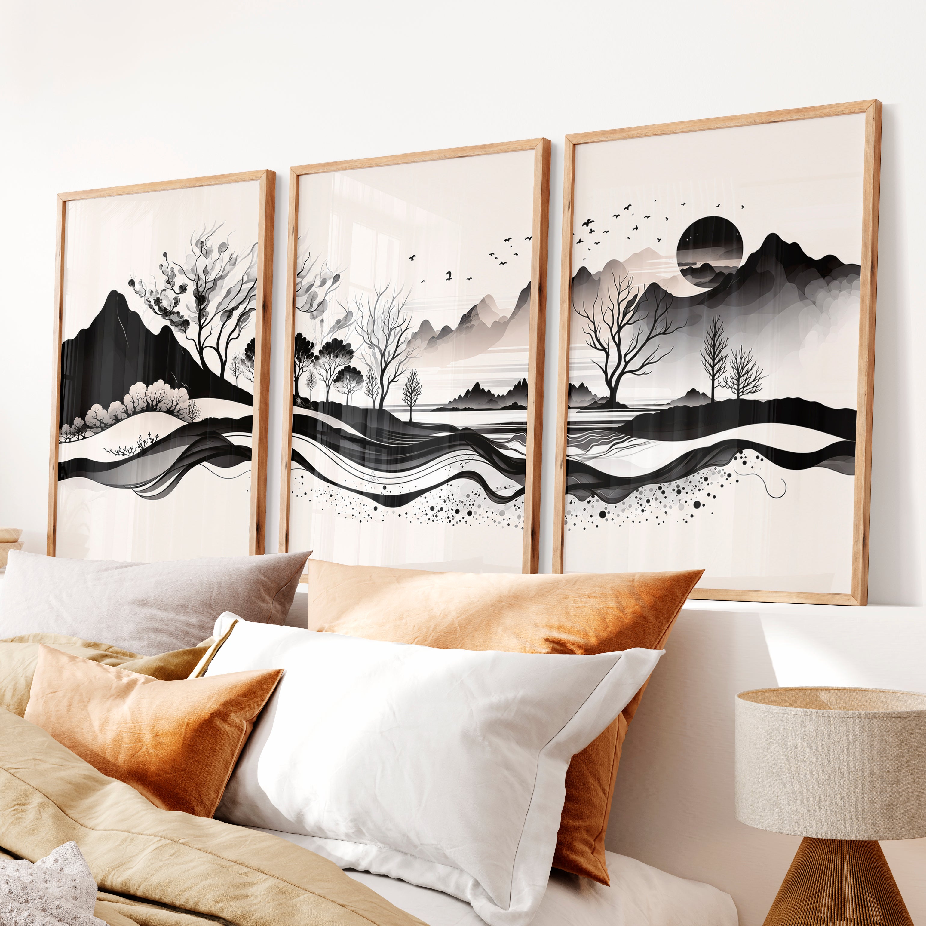 Japanese Sun Art with Bamboo and Pine Trees - Natural Wood Framed Poster No Border - Artworksets