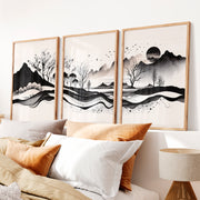 Japanese Sun Art with Bamboo and Pine Trees - Natural Wood Framed Poster No Border - Artworksets