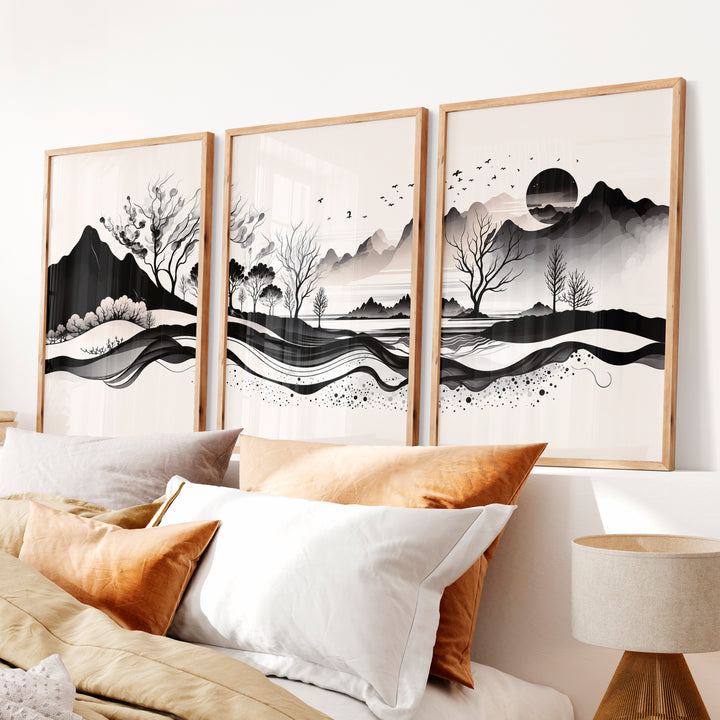 Japanese Sun Art with Bamboo and Pine Trees - Natural Wood Framed Poster No Border - Artworksets