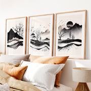 Japanese Sun Art with Bamboo and Pine Trees- Natural Wood Framed Poster with White Border - Artworksets