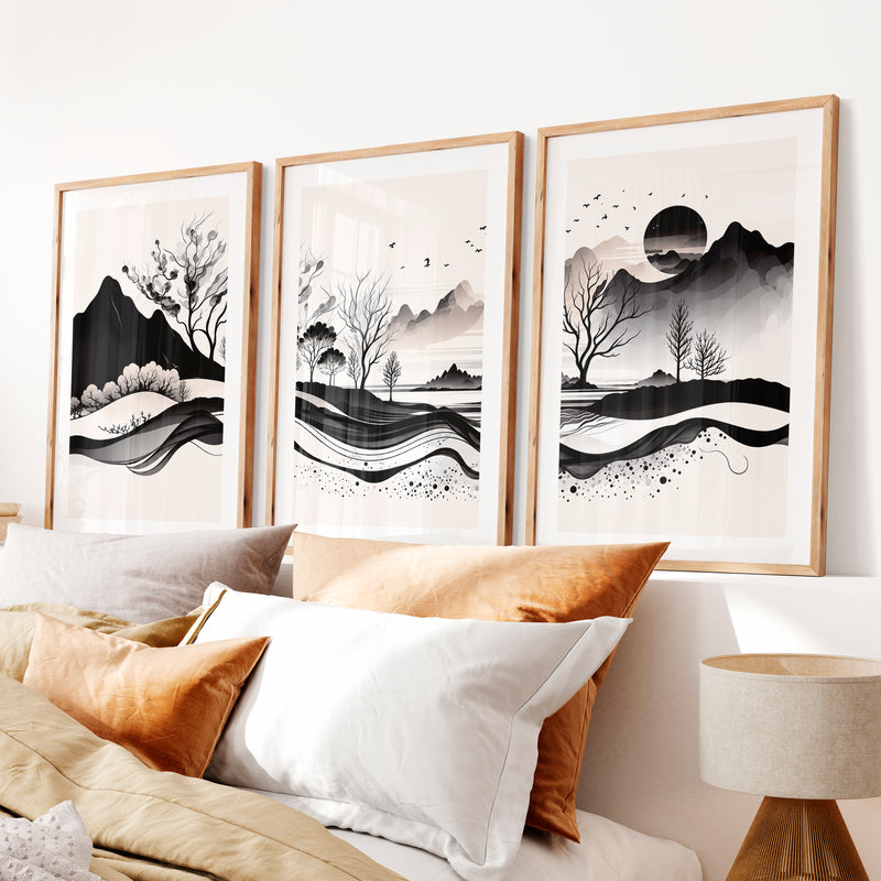 Japanese Sun Art with Bamboo and Pine Trees- Natural Wood Framed Poster with White Border - Artworksets