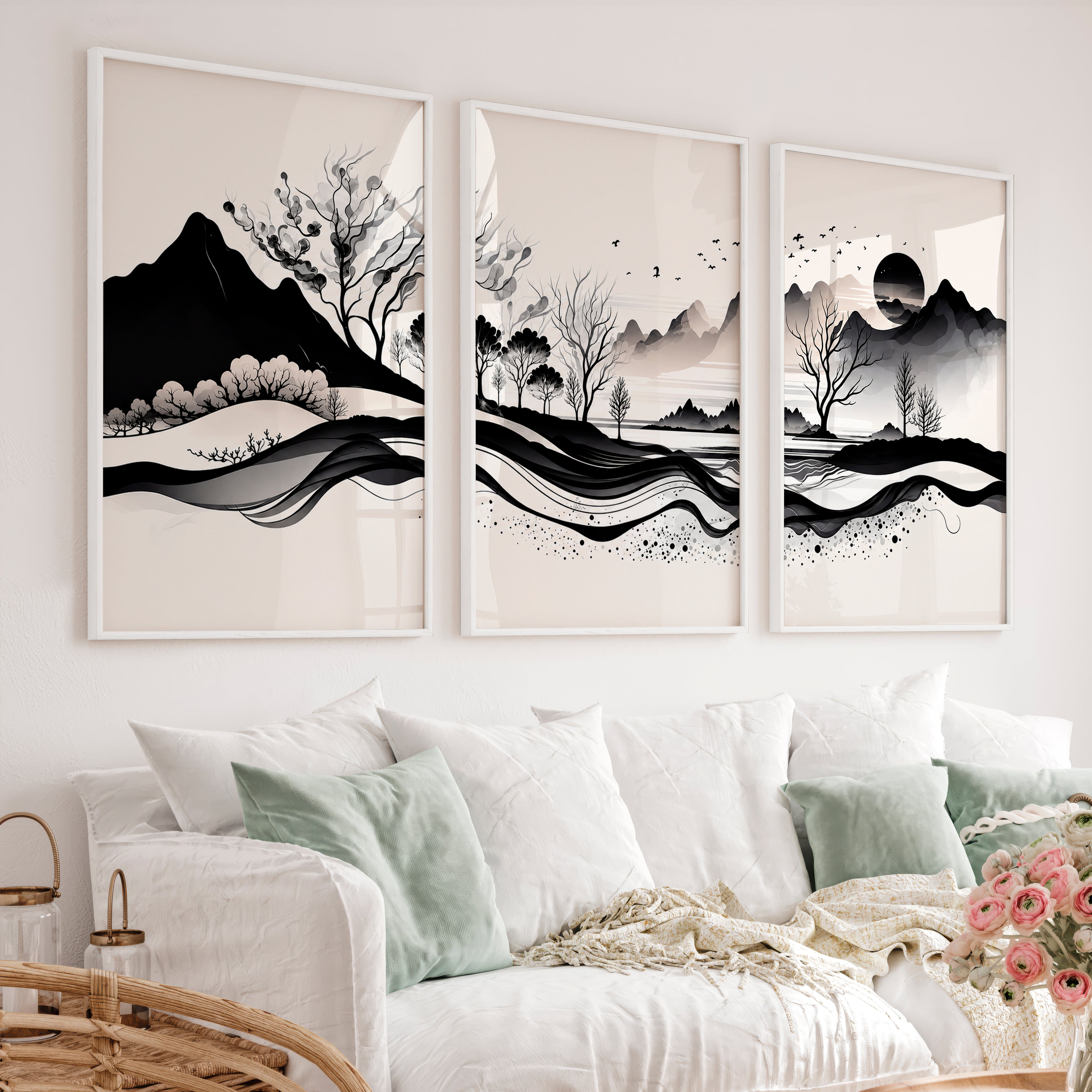Japanese Sun Art with Bamboo and Pine Trees - White Framed Poster No Border - Artworksets