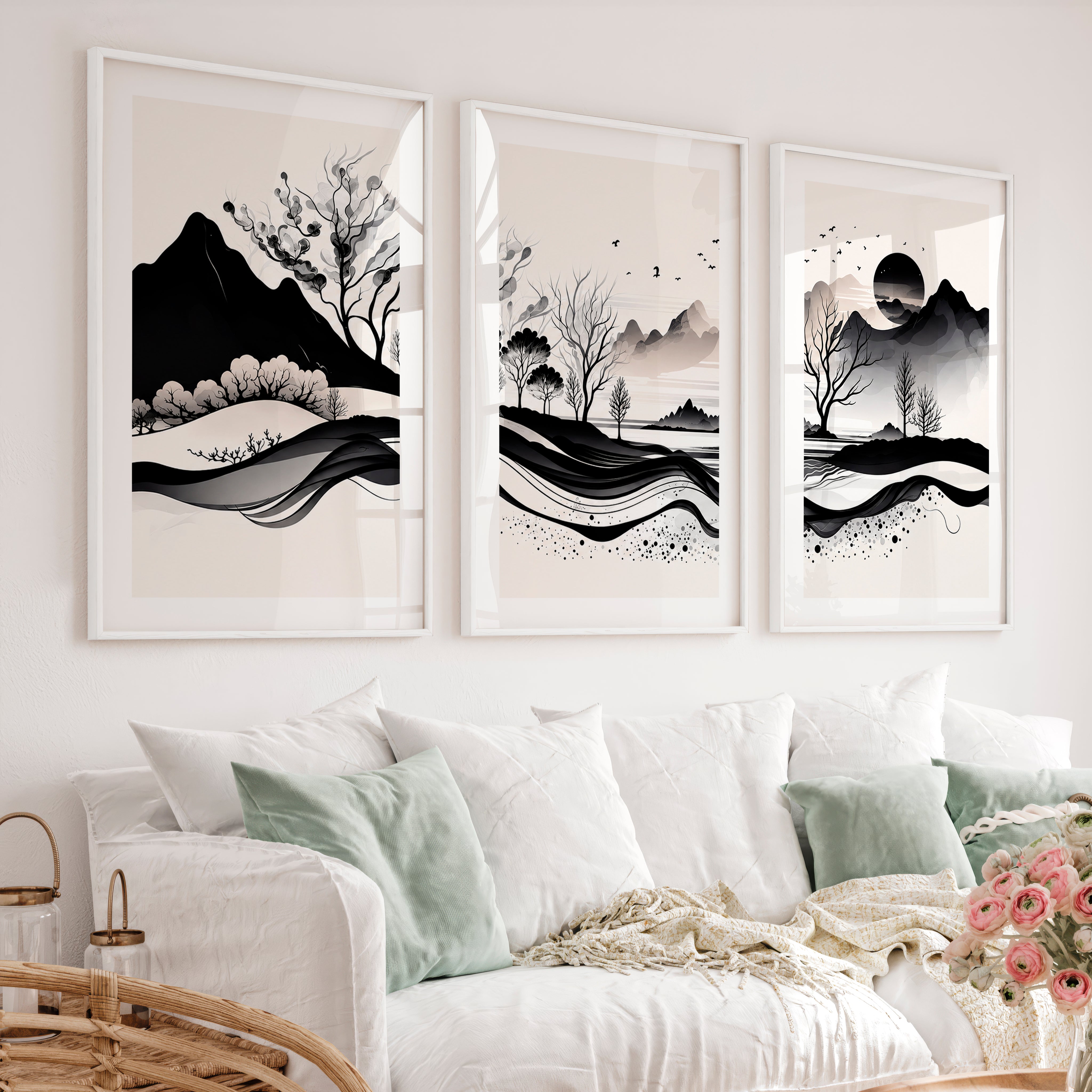 Japanese Sun Art with Bamboo and Pine Trees - White Framed Poster with White Border - Artworksets