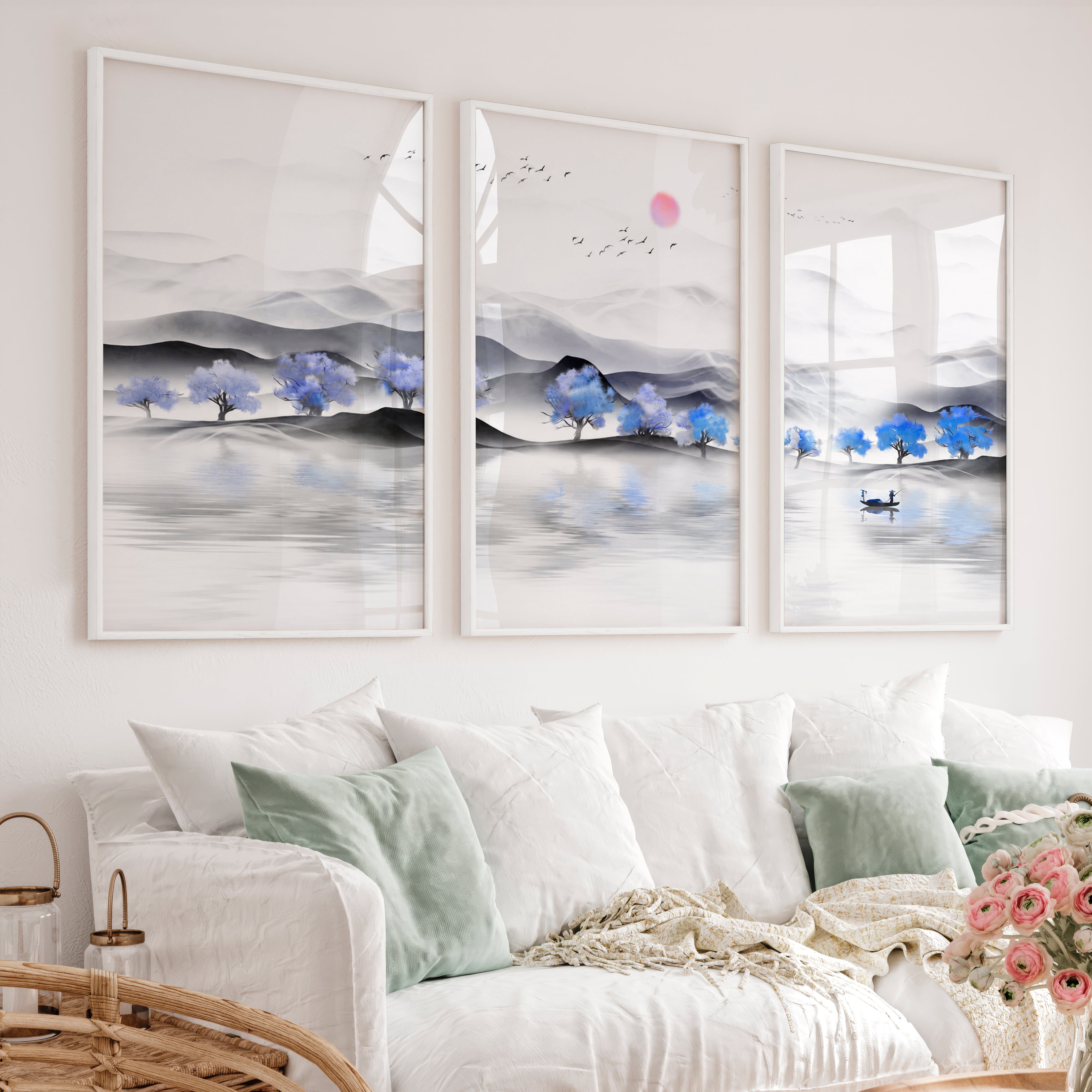 Japanese Sun Art Featuring Bamboo and Blossoms - White Framed Poster No Border - Artworksets