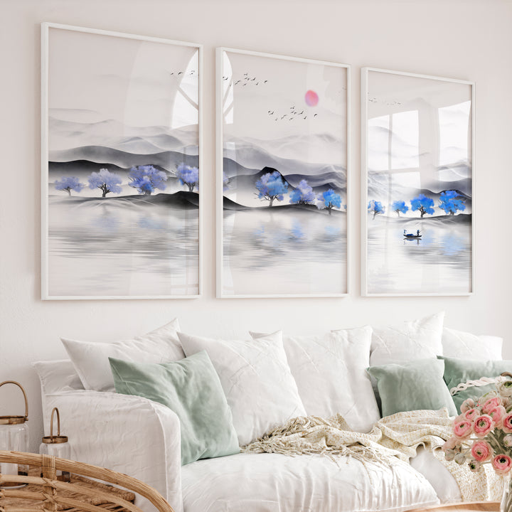 Japanese Sun Art Featuring Bamboo and Blossoms - White Framed Poster No Border - Artworksets