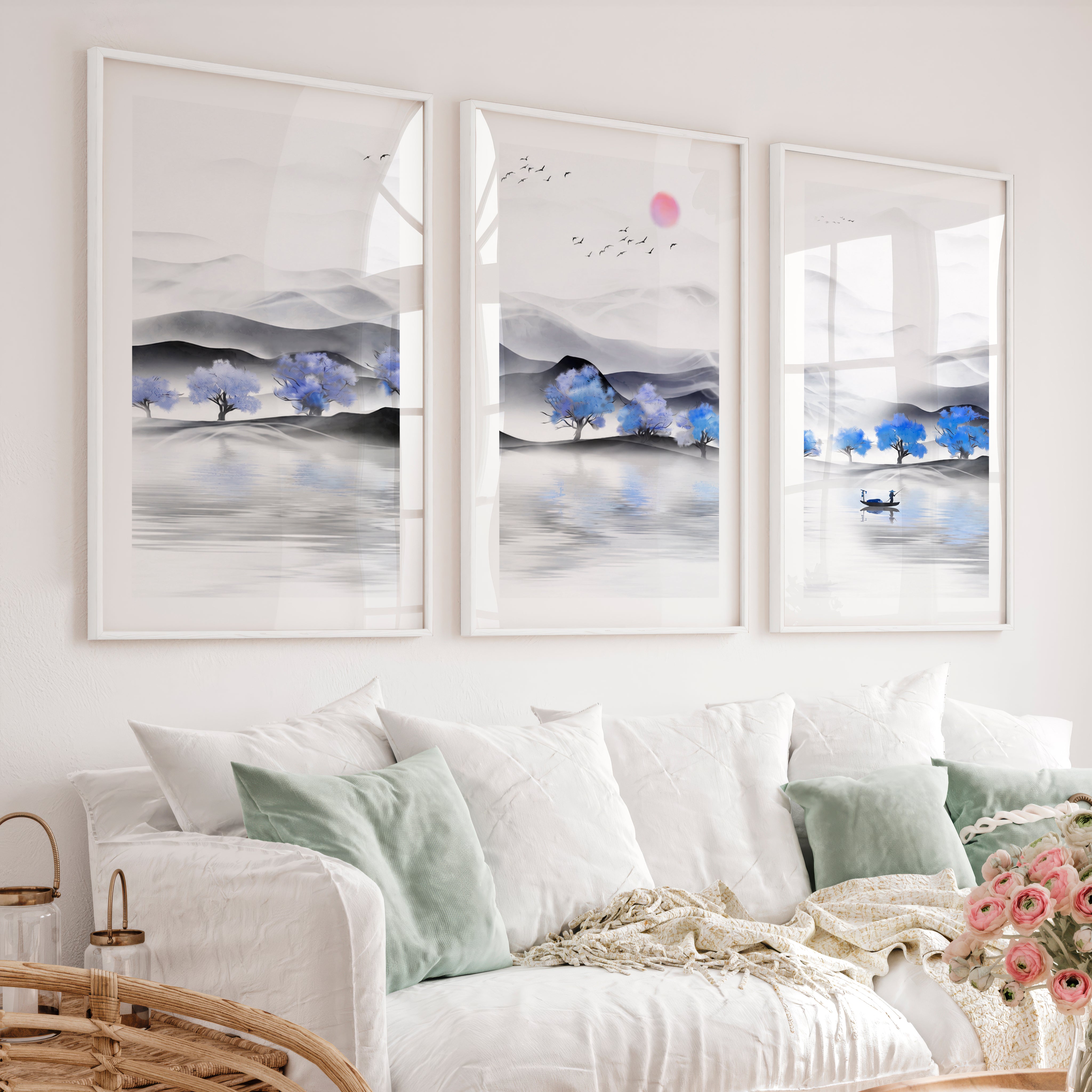 Japanese Sun Art Featuring Bamboo and Blossoms - White Framed Poster with White Border - Artworksets