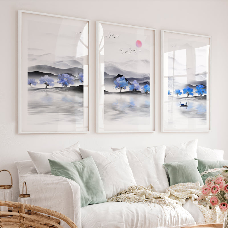 Japanese Sun Art Featuring Bamboo and Blossoms - White Framed Poster with White Border - Artworksets