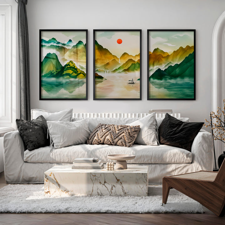 Japanese Sun Art Featuring Tall Trees and Misty Mountains - Black Framed Poster No Border - Artworksets