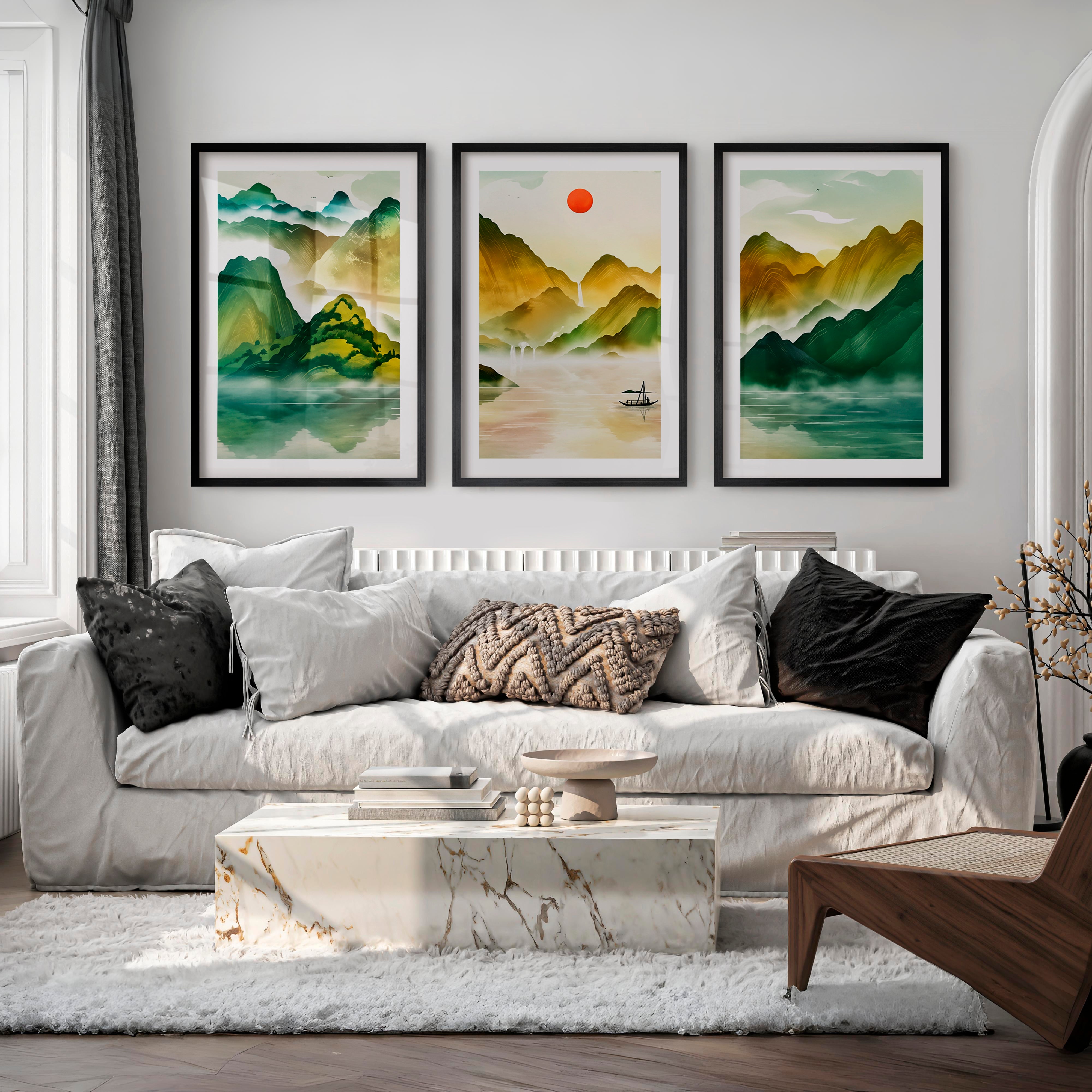 Japanese Sun Art Featuring Tall Trees and Misty Mountains - Black Framed Poster with White Border - Artworksets