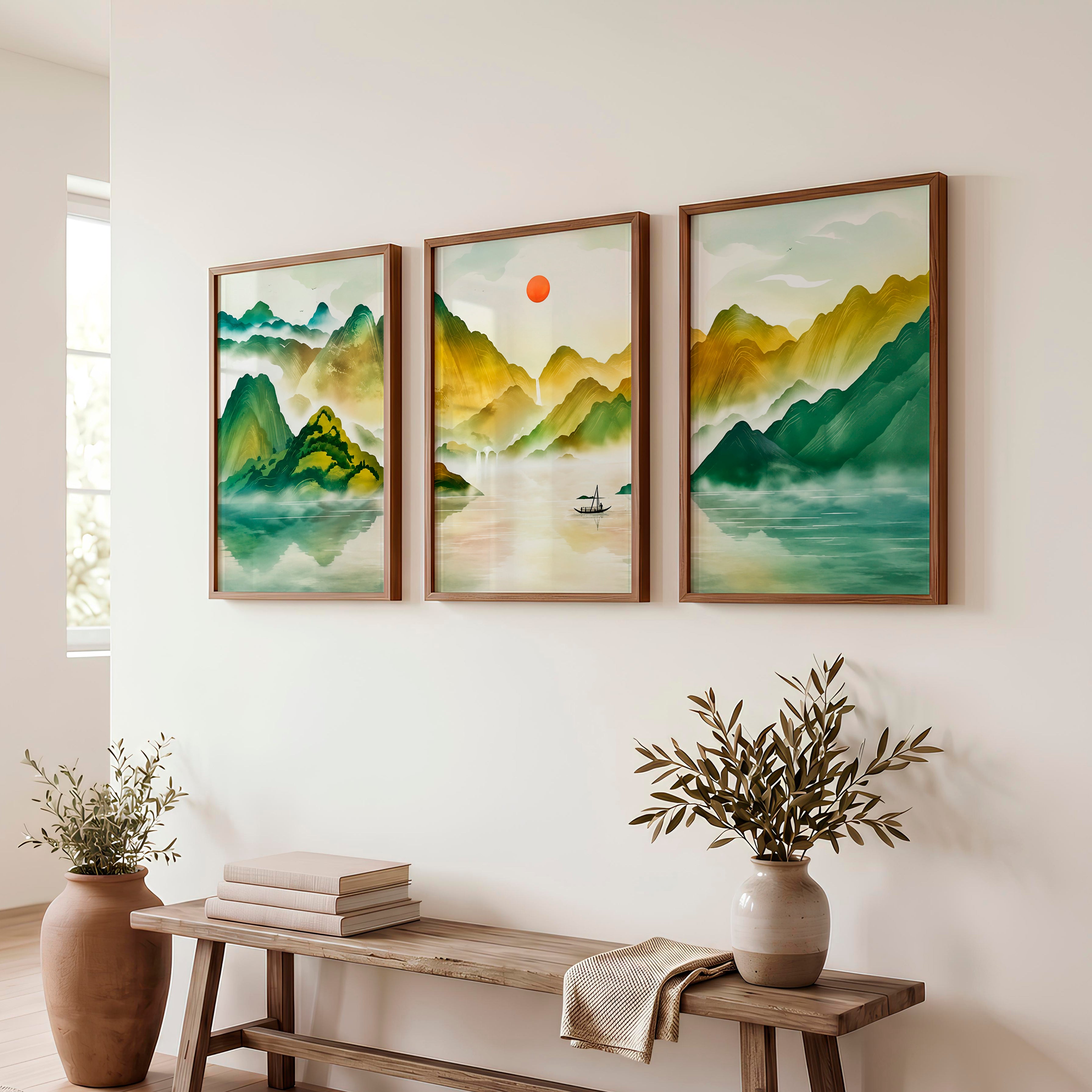 Japanese Sun Art Featuring Tall Trees and Misty Mountains - Dark Brown Framed Poster No Border - Artworksets