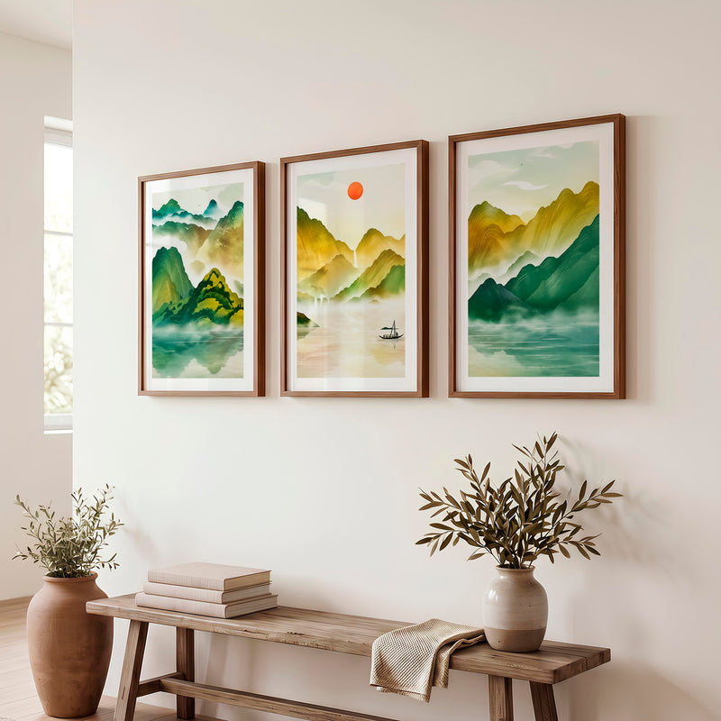 Japanese Sun Art Featuring Tall Trees and Misty Mountains - Dark Brown Framed Poster with White Border - Artworksets