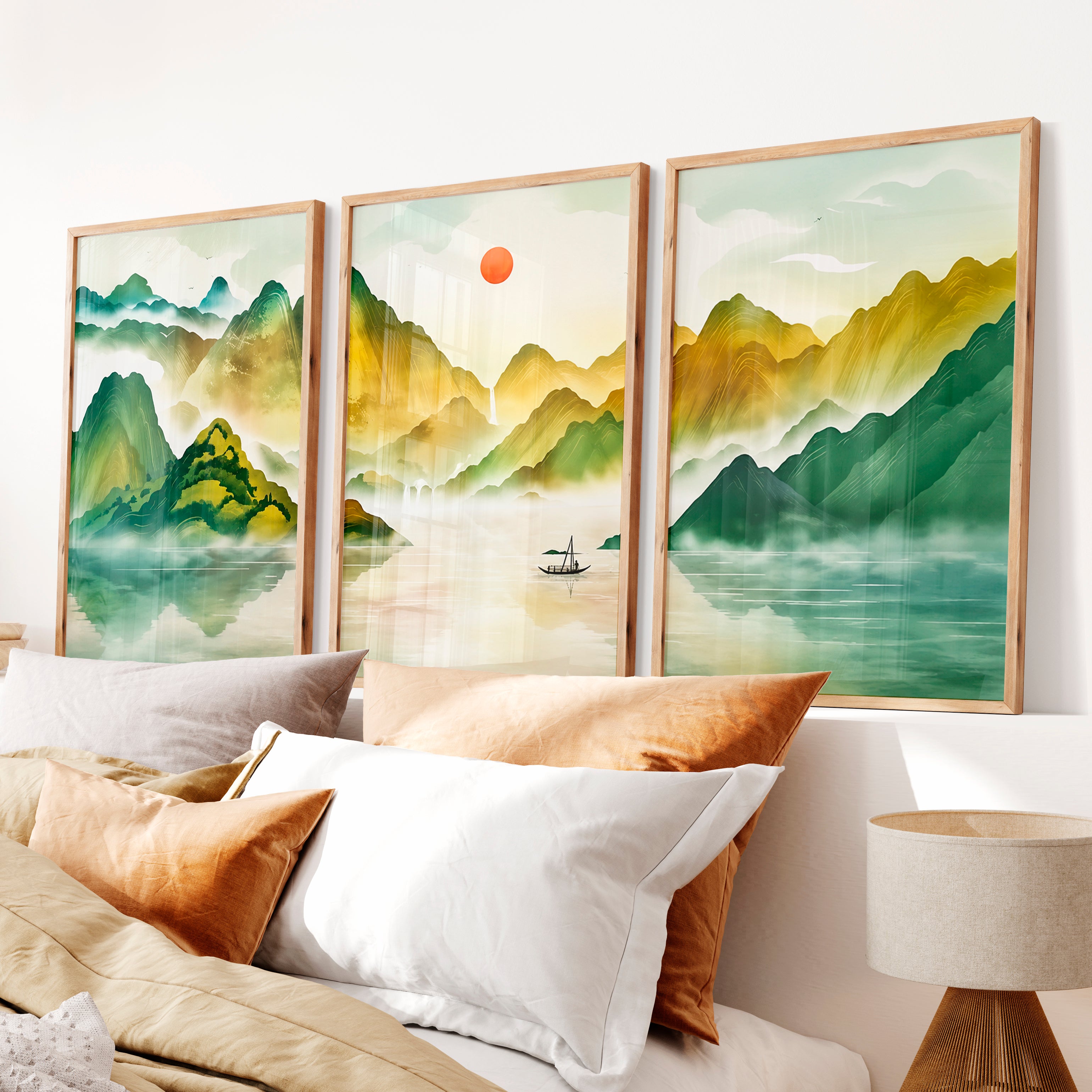Japanese Sun Art Featuring Tall Trees and Misty Mountains - Natural Wood Framed Poster No Border - Artworksets