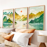 Japanese Sun Art Featuring Tall Trees and Misty Mountains - Natural Wood Framed Poster No Border - Artworksets
