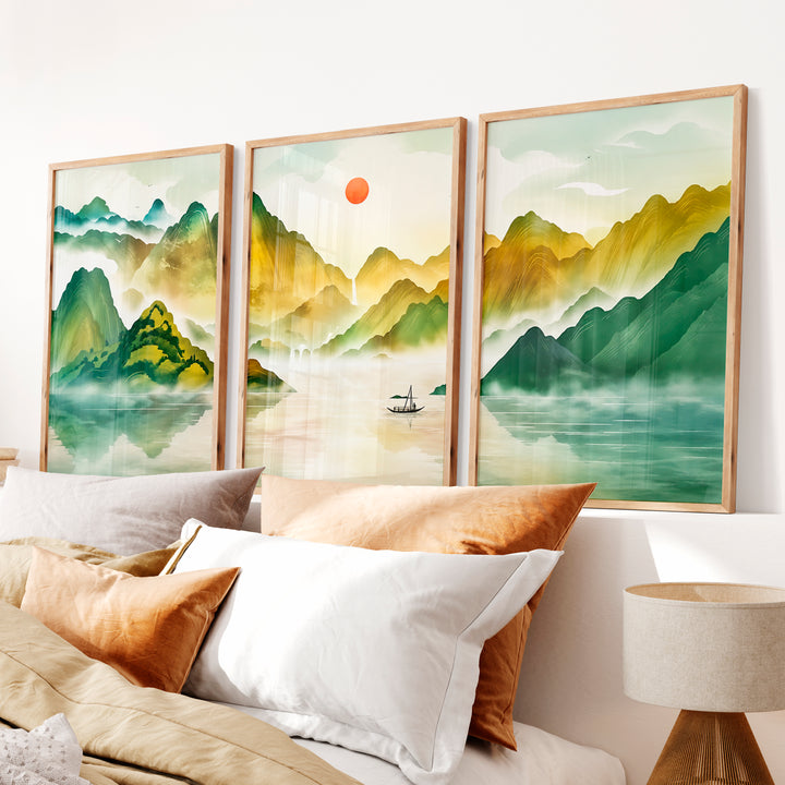Japanese Sun Art Featuring Tall Trees and Misty Mountains - Natural Wood Framed Poster No Border - Artworksets
