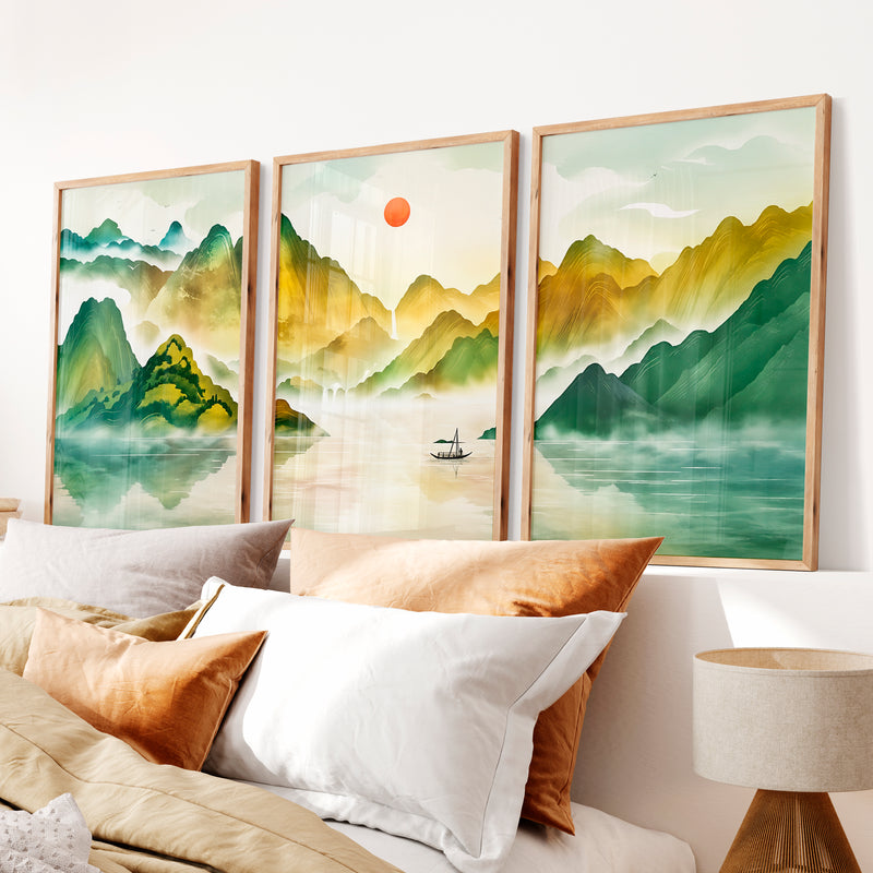 Japanese Sun Art Featuring Tall Trees and Misty Mountains - Natural Wood Framed Poster No Border - Artworksets