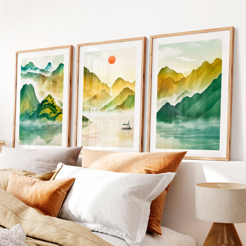 Japanese Sun Art Featuring Tall Trees and Misty Mountains- Natural Wood Framed Poster with White Border - Artworksets