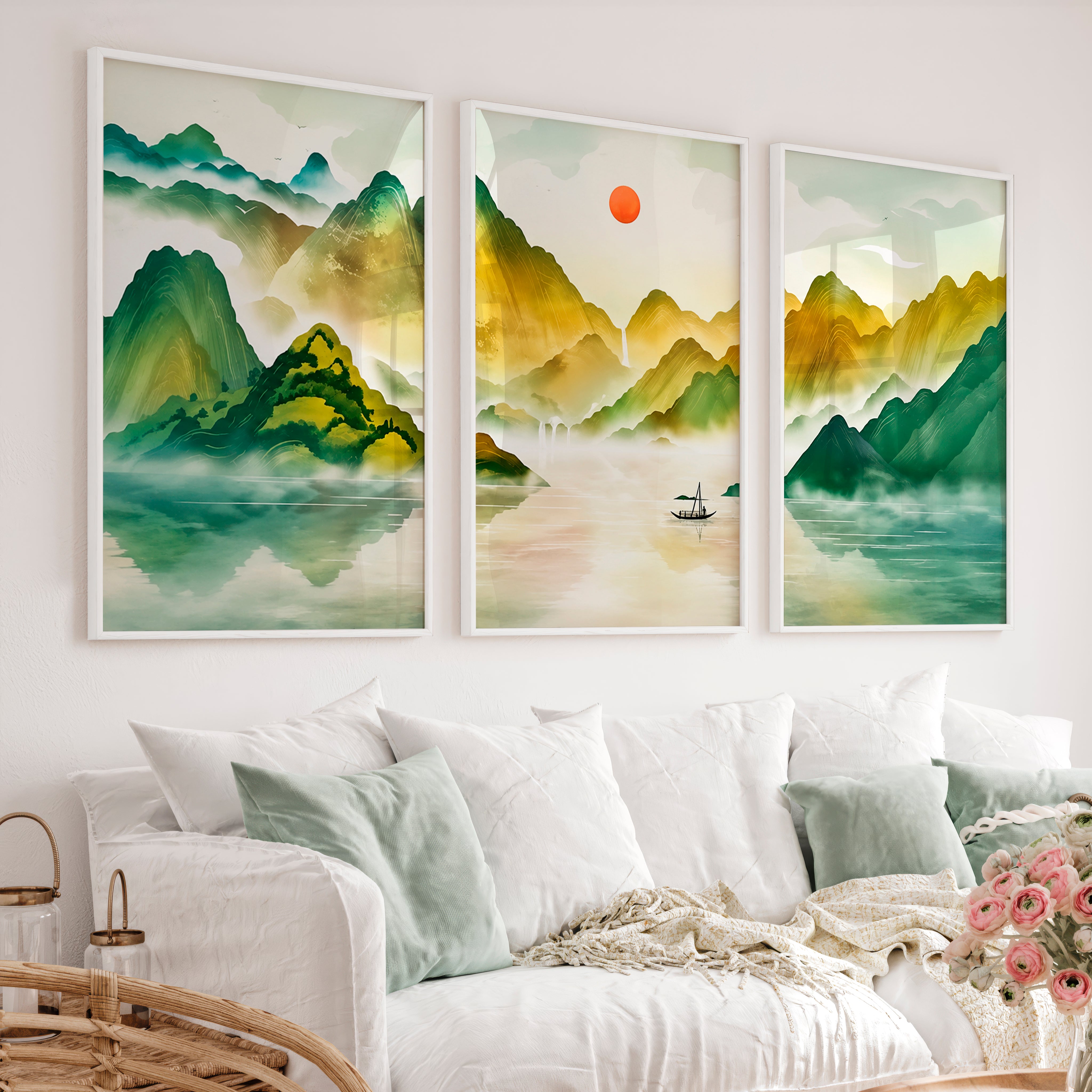 Japanese Sun Art Featuring Tall Trees and Misty Mountains - White Framed Poster No Border - Artworksets